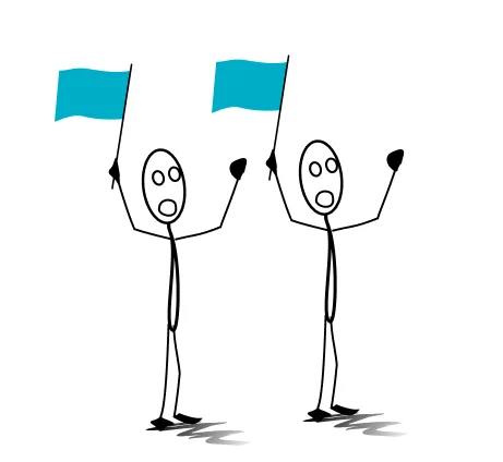 Deux personnages contents de leur bilan de compétences, agitent des drapeaux. 